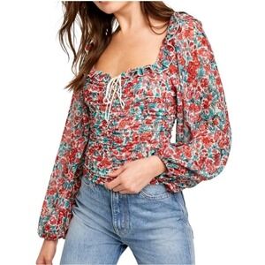 Free People Womens Mabel Multicolor Floral Print Square Neck Blouse Size Medium